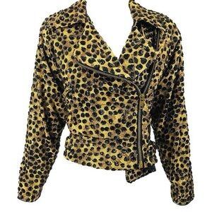 JEANETTE KASTENBERG Women's Gold & Black Leopard Print Sequin Moto Jacket